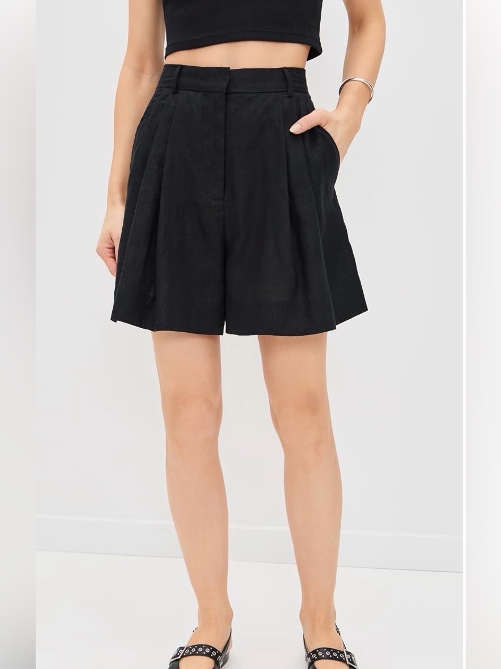 STAUD Black Pleated High-Waist Linen-Blend Shorts